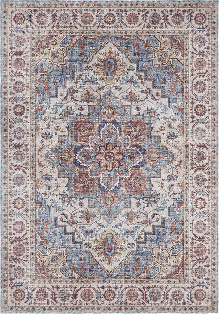 Nouristan Asmar kilimas – kilimas svetainei su rytietiškais raštais, detaliu gėlių ornamentu, plokščio audimo kilimas valgomajam, svetainei, miegamajam – mėlynas, 80 x 150 cm