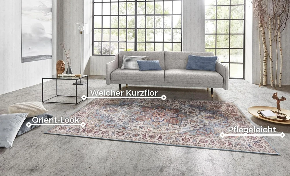 Nouristan Asmar kilimas – kilimas svetainei su rytietiškais raštais, detaliu gėlių ornamentu, plokščio audimo kilimas valgomajam, svetainei, miegamajam – mėlynas, 80 x 150 cm