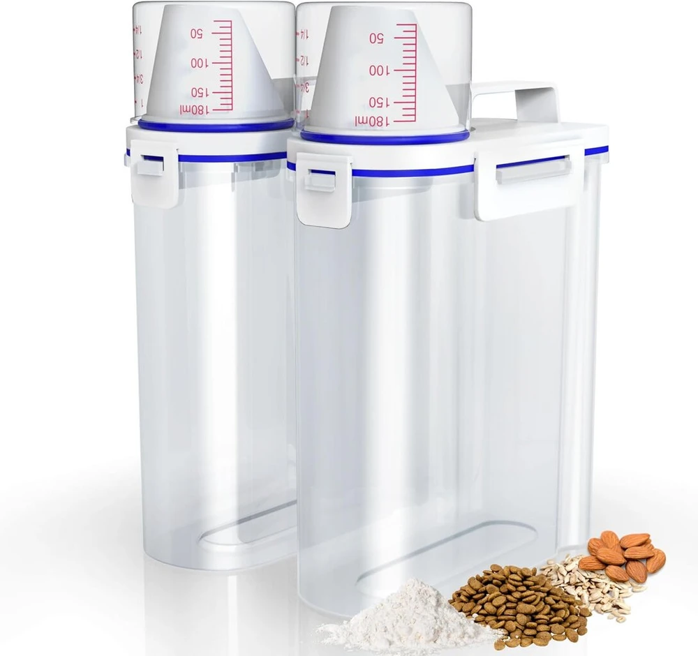 Noviclass® 2 dalių 2500 ml talpos maisto laikymo dėžučių rinkinys su matavimo taurele sausam maistui, ryžiams, miltams, plovikliams, maisto konteineris, šunų maistas (talpa: 2 x 2500 ml)