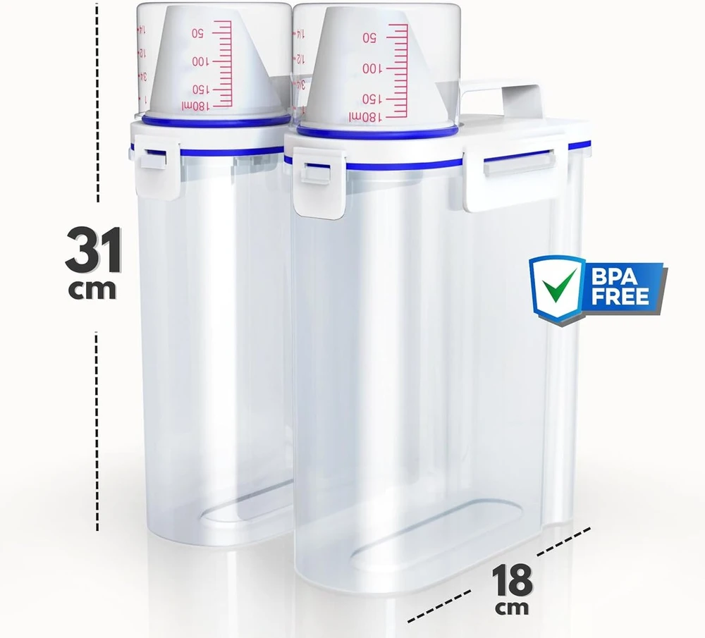 Noviclass® 2 dalių 2500 ml talpos maisto laikymo dėžučių rinkinys su matavimo taurele sausam maistui, ryžiams, miltams, plovikliams, maisto konteineris, šunų maistas (talpa: 2 x 2500 ml)