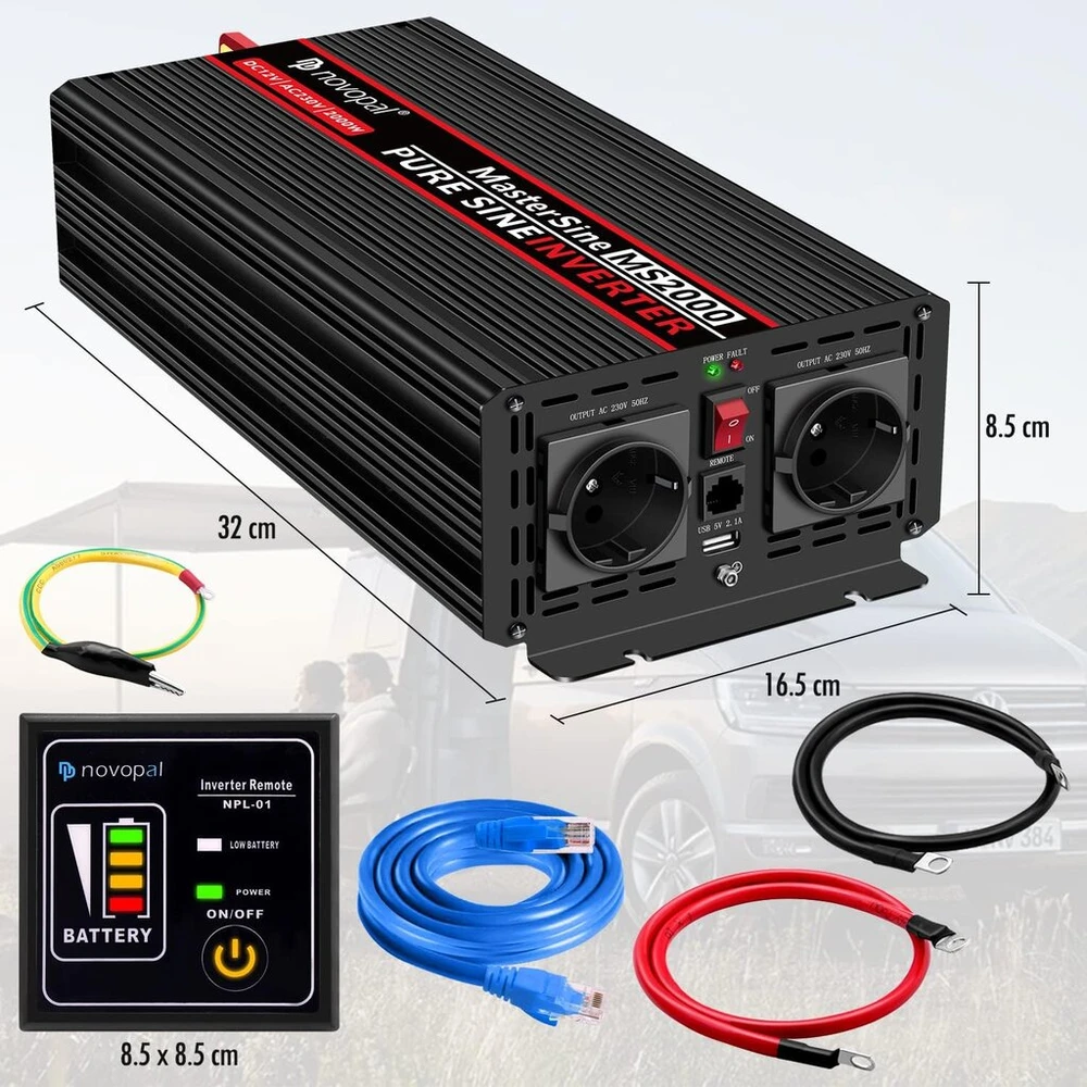 Novopal 2000 W automobilinis įtampos keitiklis -24 V 230 V gryno sinuso bangos su 2 eu lizdais ir usb prievadais + nuotolinis valdymas + akumuliatoriaus kabelis ir instrukcija
