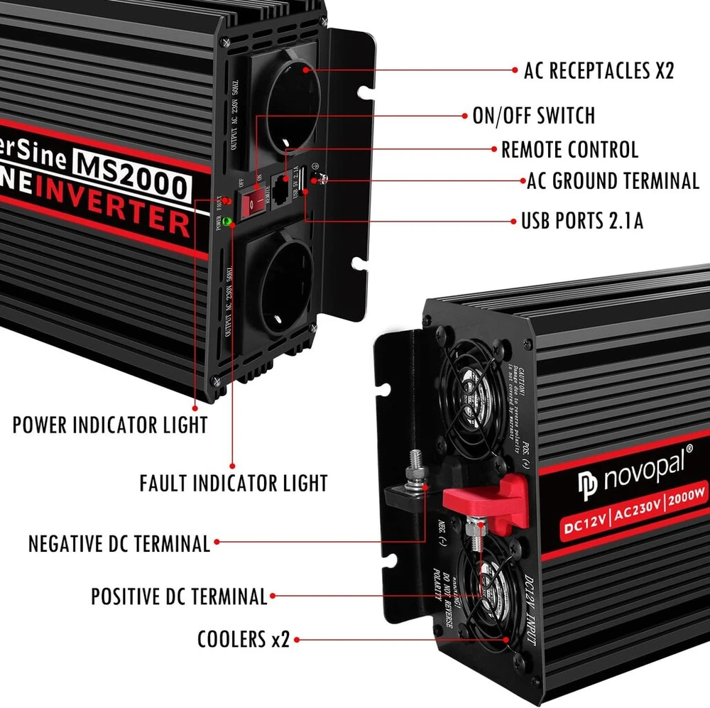 Novopal 2000 W automobilinis įtampos keitiklis -24 V 230 V gryno sinuso bangos su 2 eu lizdais ir usb prievadais + nuotolinis valdymas + akumuliatoriaus kabelis ir instrukcija