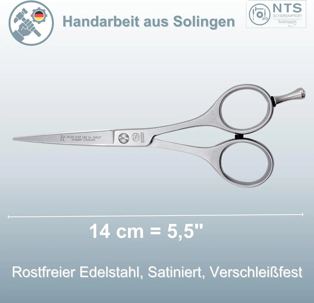Nts-solingen Sidabrinis Line 250 kirpyklos žirklės satininės kirpyklos žirklės profesionalios 11.5-16.5 cm 100% pagaminta Solingene plaukų žirklės su smulkiais mikro dantukais (5.5 colio = apie 14 cm)