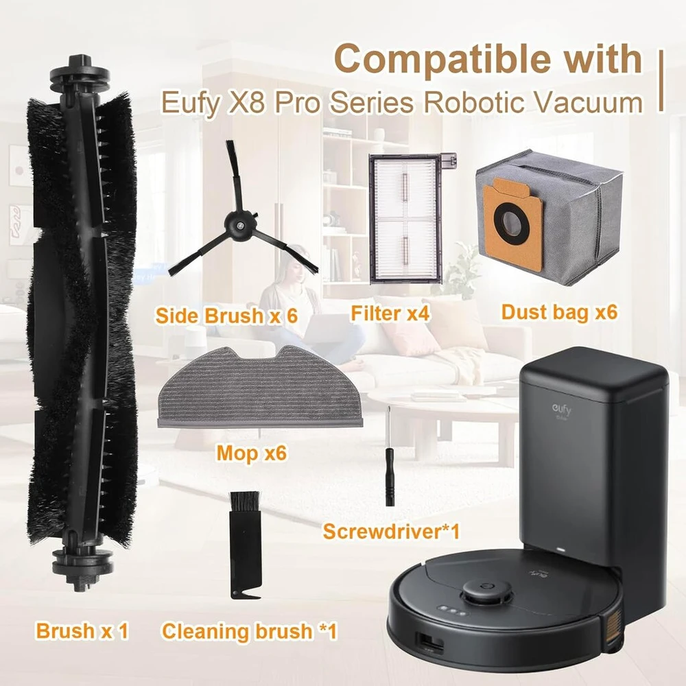 Nuo desire 25 dalių priedų rinkinys, atsarginės dalys, skirtos Eufy X8 Pro robotui dulkių siurbliui, 1 pagrindinis šepetys, 4 Hepa filtrai, 6 šoniniai šepečiai, 6 šluostės, 6 dulkių maišeliai, 1 valymo šepetys, 1 atsuktuvas