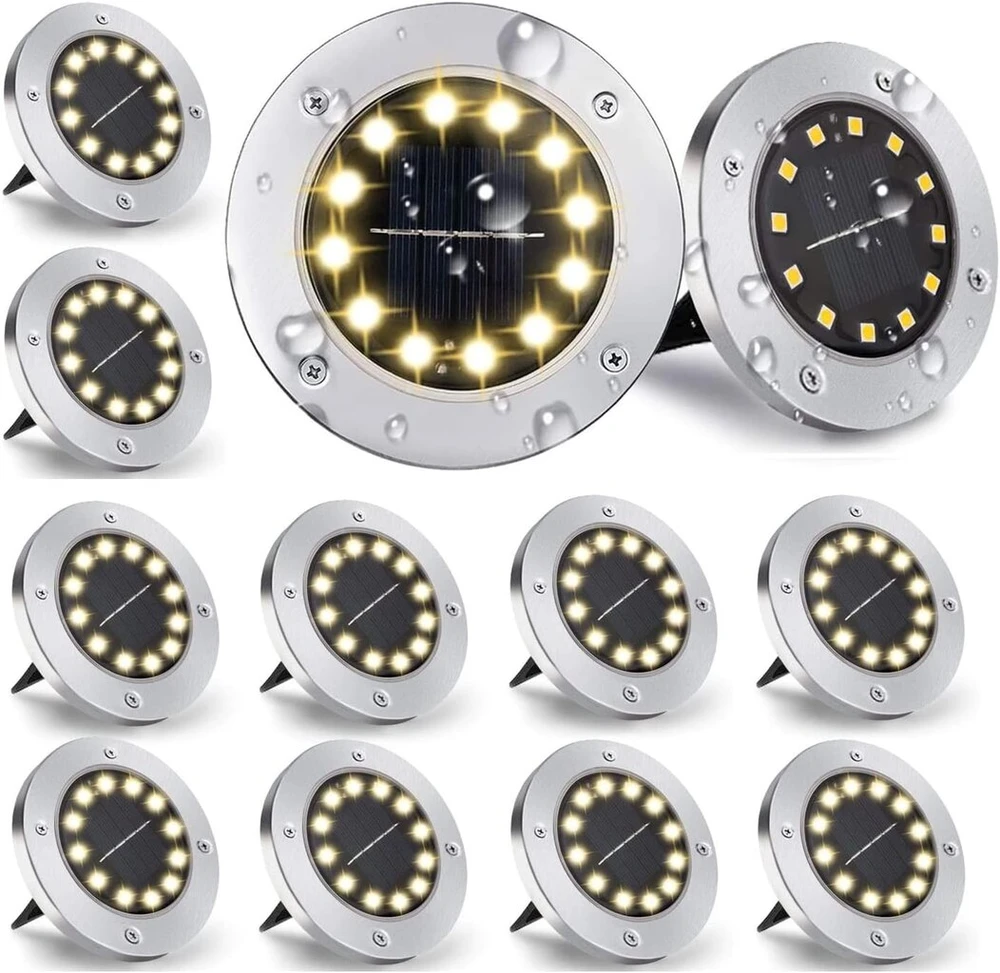 Nurkoo 12 vnt. saulės energija įkraunamų grindų šviestuvų lauke, 12 led saulės šviestuvų, 800 mah diskiniai šviestuvai su patobulintu saulės kolektoriumi, sodo šviestuvas, saulės lempa, saulės prožektorius, dekoracija vejai, takui, baseinui, terasai (šilt