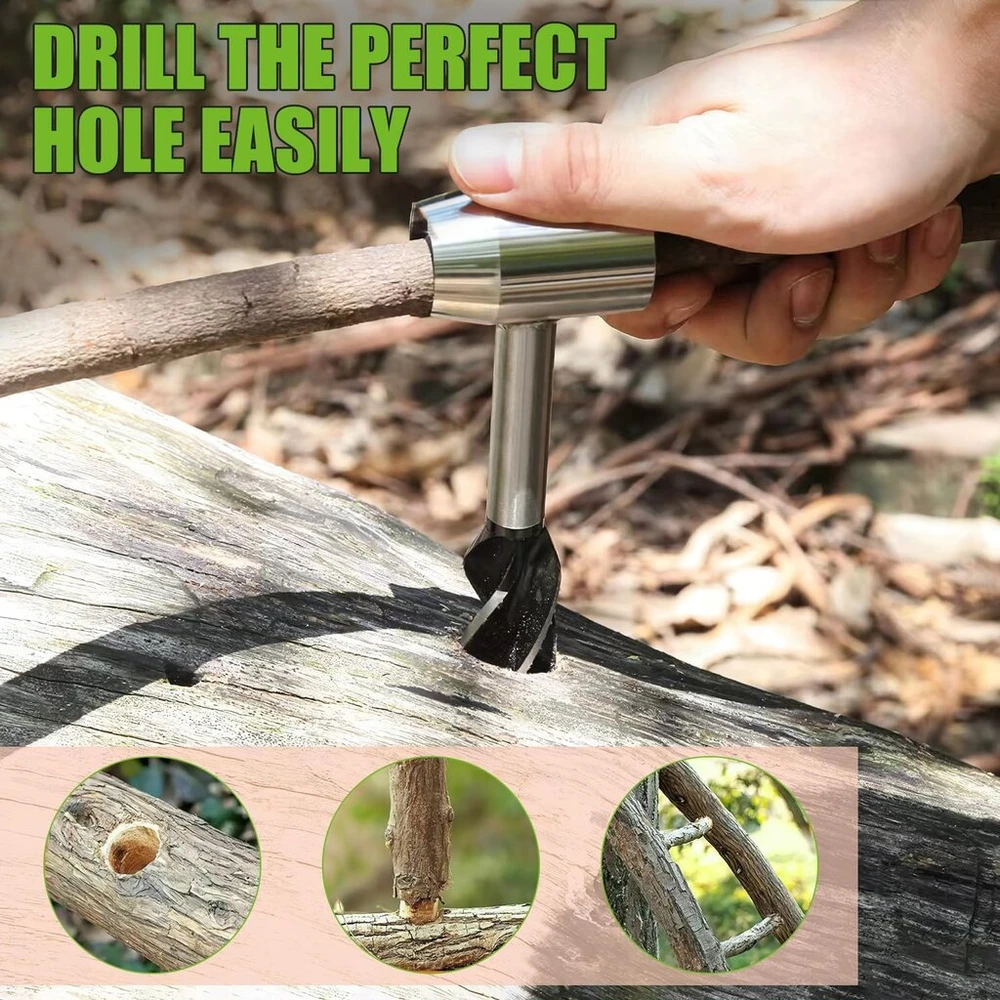 Kelioninis Nutmanel rankinis grąžtas Bushcraft, rankinis grąžtas medienai, medienos grąžtas Scotch Eye, universalus išgyvenimo įrankis su dėklu stovyklavimui, medienos apdirbimui, Bushcraft ir išgyvenimui lauke
