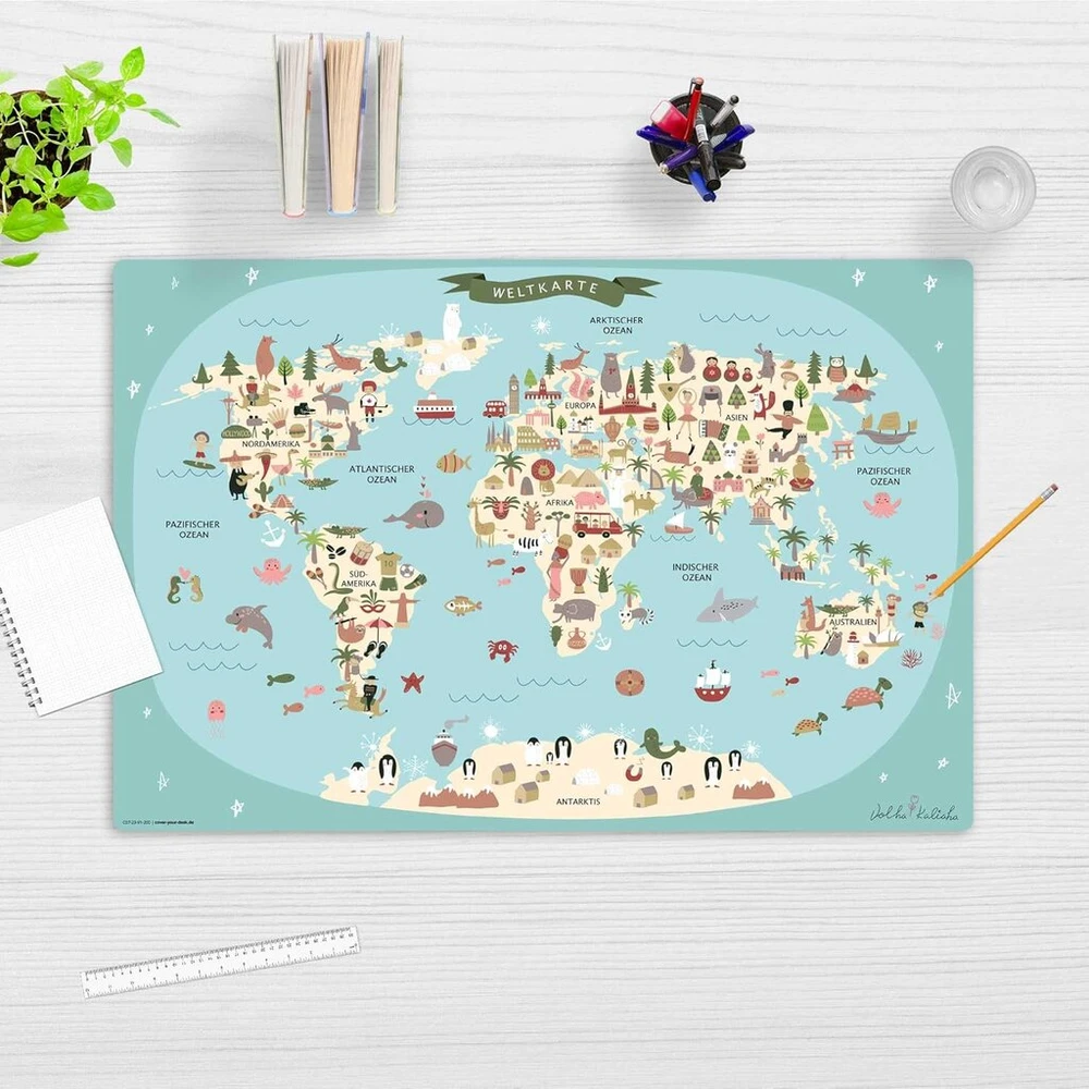 Nuvalomas stalo kilimėlis vaikams - pasaulio žemėlapis mėlynos spalvos su gyvūnais vokiečių kalba - 60 x 40 cm - pagamintas iš aukštos kokybės vinilo