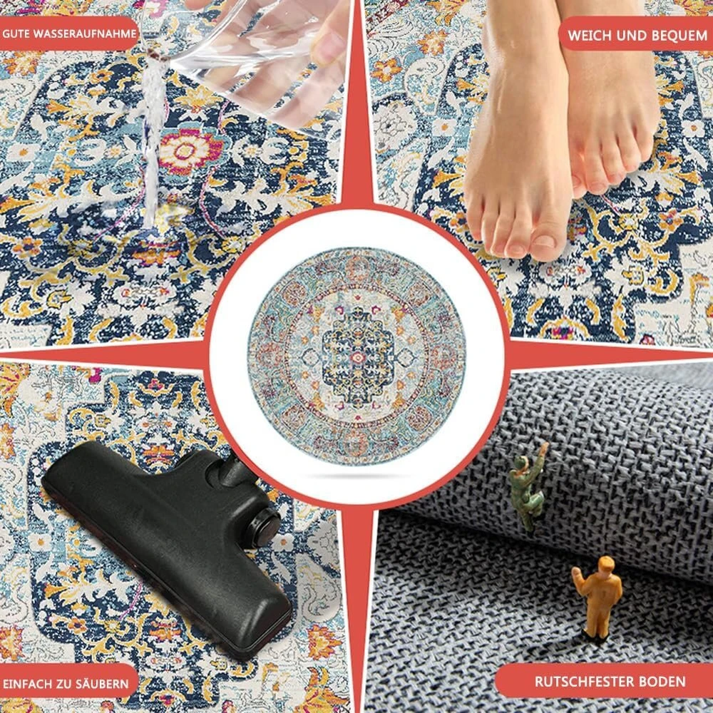 Nyescasa apvalus kilimas 120 cm Vintage Boho Mandala kilimas svetainei, skalbiamas, neslystantis, minkštas trumpo plauko apvalus kilimas miegamajam, vaikų kambariui, lauko, smėlio spalvos/mėlynas