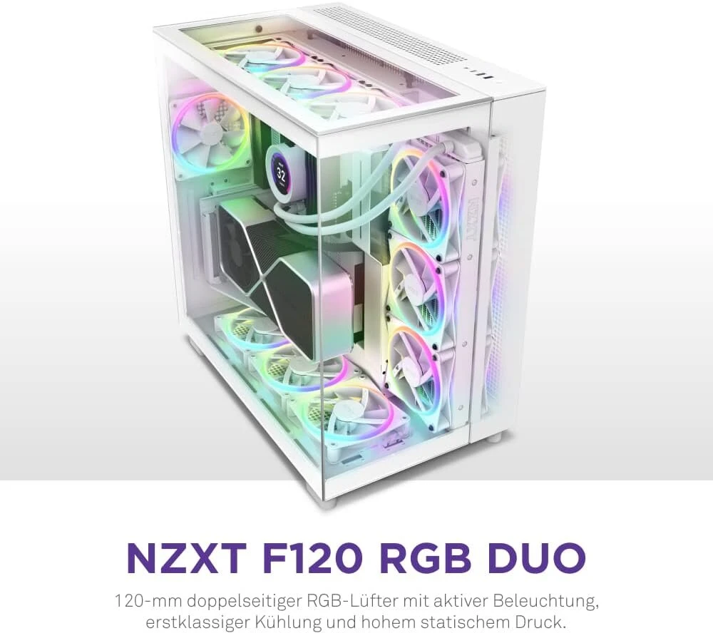 Nzxt f120 rgb duo - 120 mm dvipusis rgb ventiliatorius - 20 individualiai valdomų led - subalansuotas oro srautas ir statinis slėgis - fluid dynamic bearing guolis - pwm valdymas - baltas