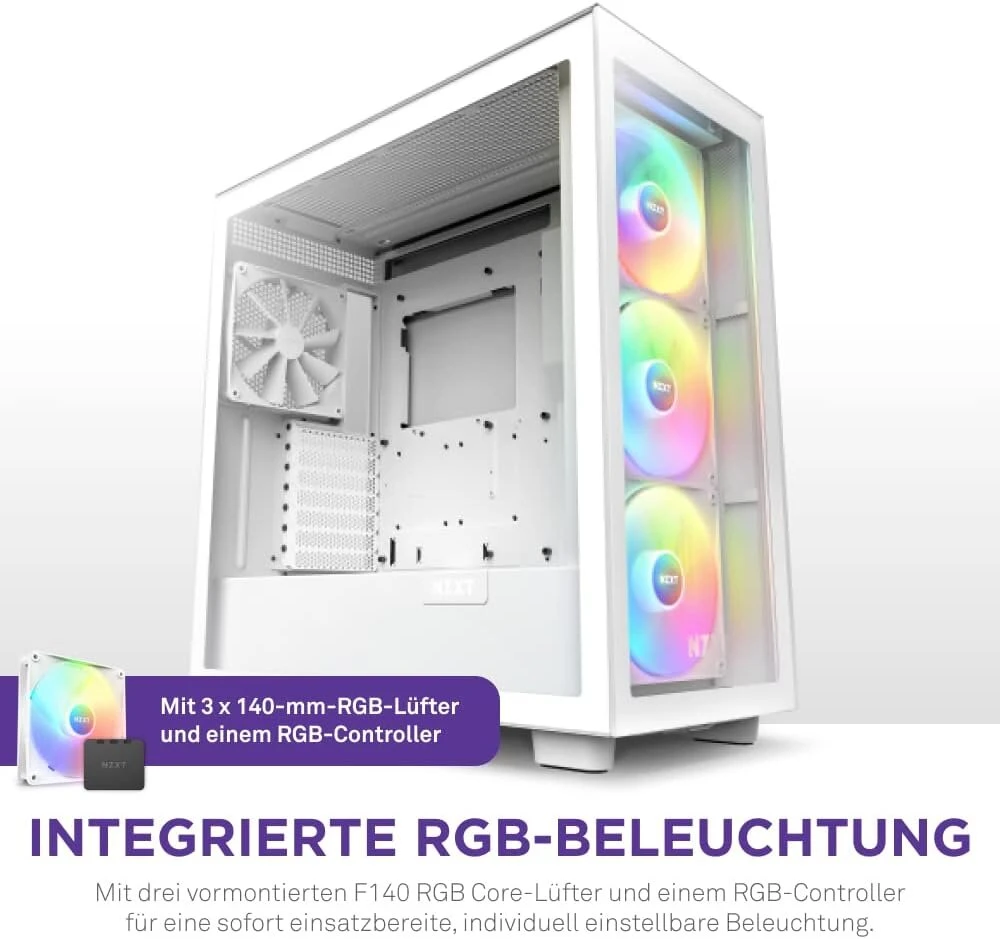 Nzxt H7 Elite 2023 - Cm-h71ew-02 - Atx Mid-tower žaidimų kompiuterio korpusas - Usb-c prievadas - grūdinto stiklo priekinis ir šoninis skydelis - 3 x F-series 140 mm Core Rgb ventiliatoriai įtraukti - paruoštas vandens aušinimui - baltas