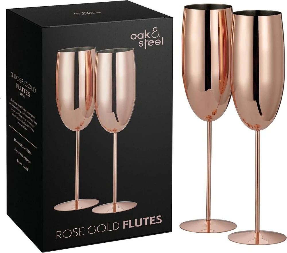 Oak & Steel aukščiausios kokybės nerūdijančio plieno šampano taurės rožinio aukso spalvos (2 vnt., 280 ml) - nedūžtančios šampano ir prosecco taurės - su dovanų dėžute