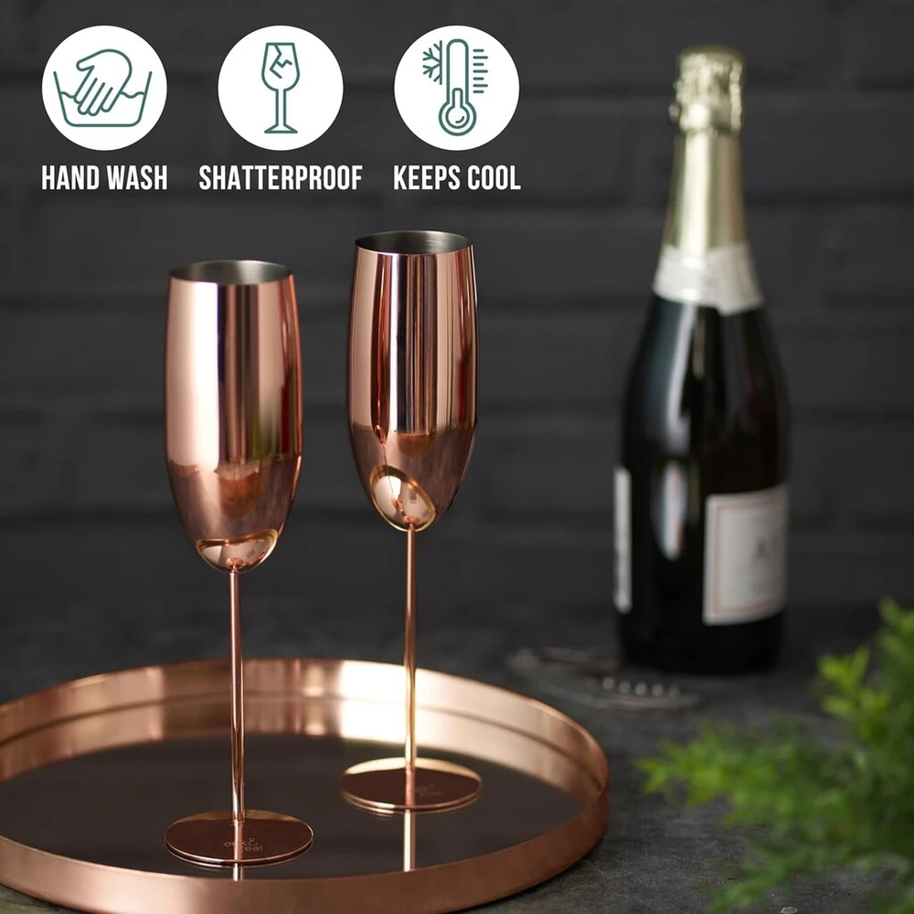 Oak & Steel aukščiausios kokybės nerūdijančio plieno šampano taurės rožinio aukso spalvos (2 vnt., 280 ml) - nedūžtančios šampano ir prosecco taurės - su dovanų dėžute