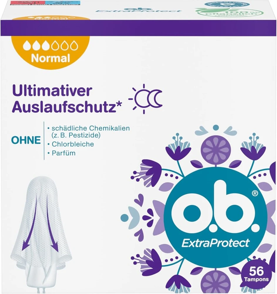 O.b. Extraprotect Normal tamponai, skirti vidutinio stiprumo ir stipresnėms dienoms, maksimali apsauga nuo pratekėjimo*, pakuotėje 56 vnt.