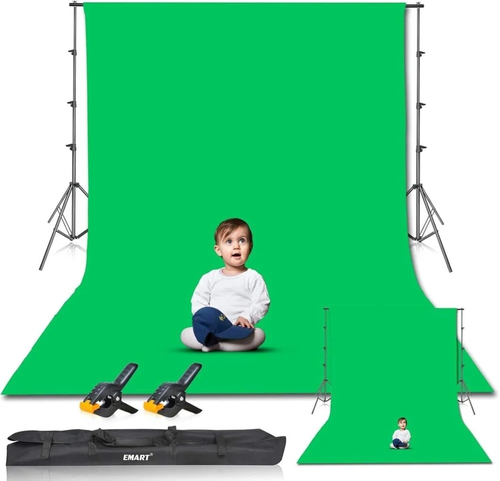 Objektyvas Emart žalio ekrano fonas su stovu, 2,6 x 3 m fono sistema, 3 x 3,6 m žalias nuotraukų fonas ir 2 spyruokliniai spaustukai, foto studijos rinkinys produktų portretų „youtube“ vaizdo fotografijai