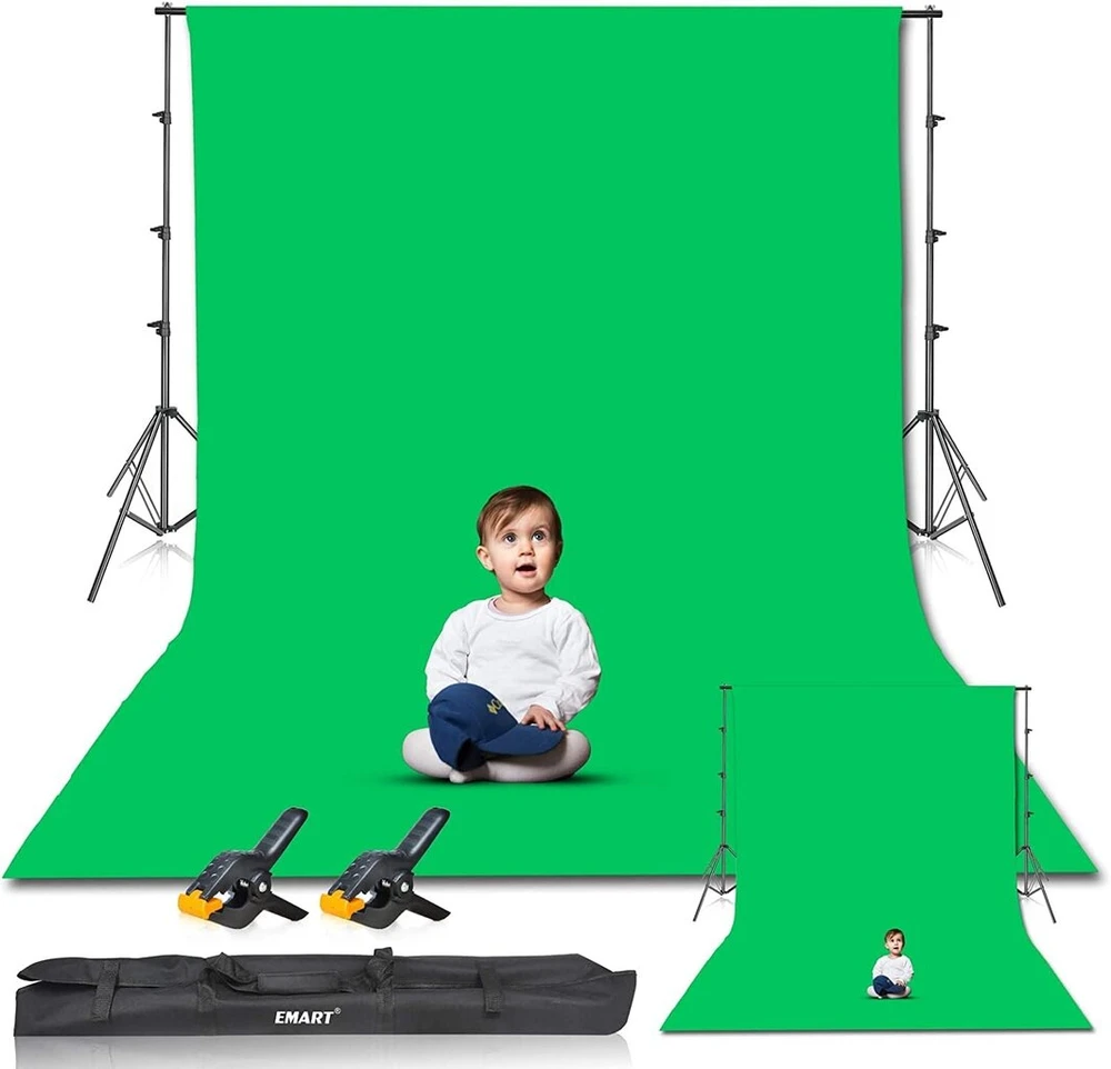 Objektyvas Emart žalio ekrano fonas su stovu, 2,6 x 3 m fono sistema, 3 x 3,6 m žalias nuotraukų fonas ir 2 spyruokliniai spaustukai, foto studijos rinkinys produktų portretų „youtube“ vaizdo fotografijai