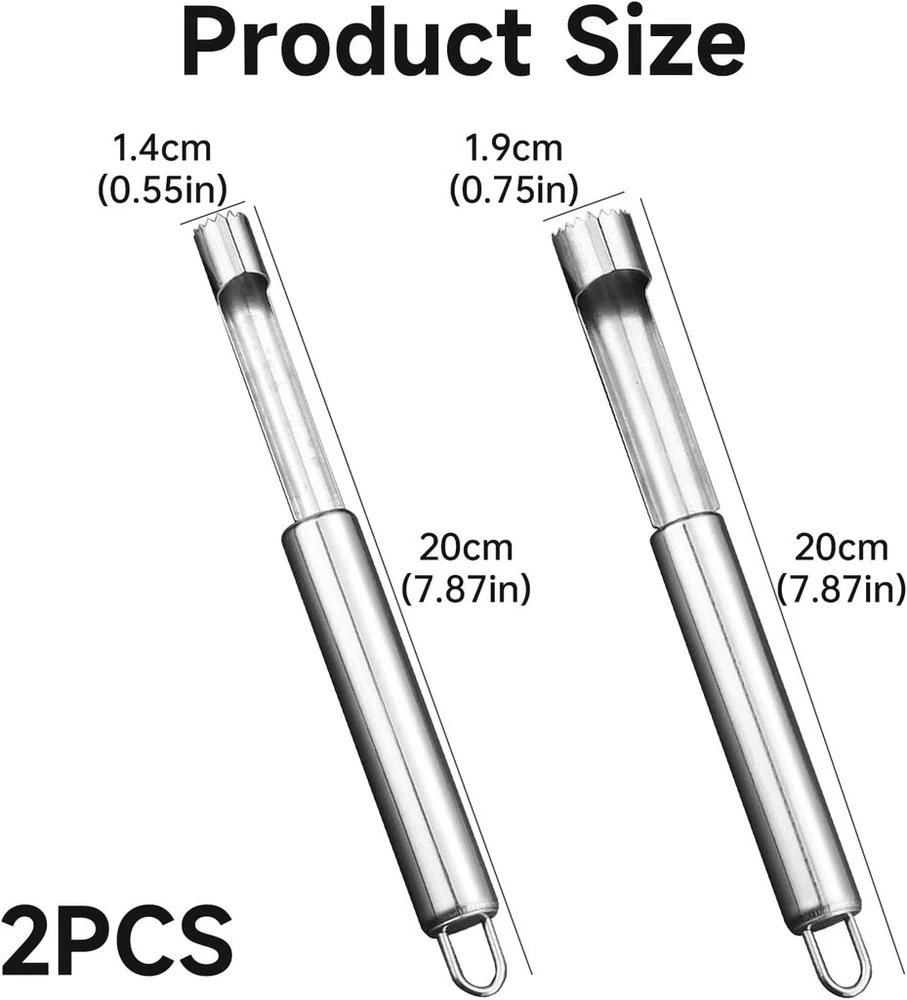 Obuolių šerdies išėmėjas nerūdijančio plieno 14 mm 19 mm pjaustytuvas šerdies dėklas vaisių pjaustytuvas nerūdijančio plieno ašmenys vaisių šerdies išėmėjas praktiškas ultragarsinis slyvų šerdies išėmėjo rinkinys, 2 vnt.