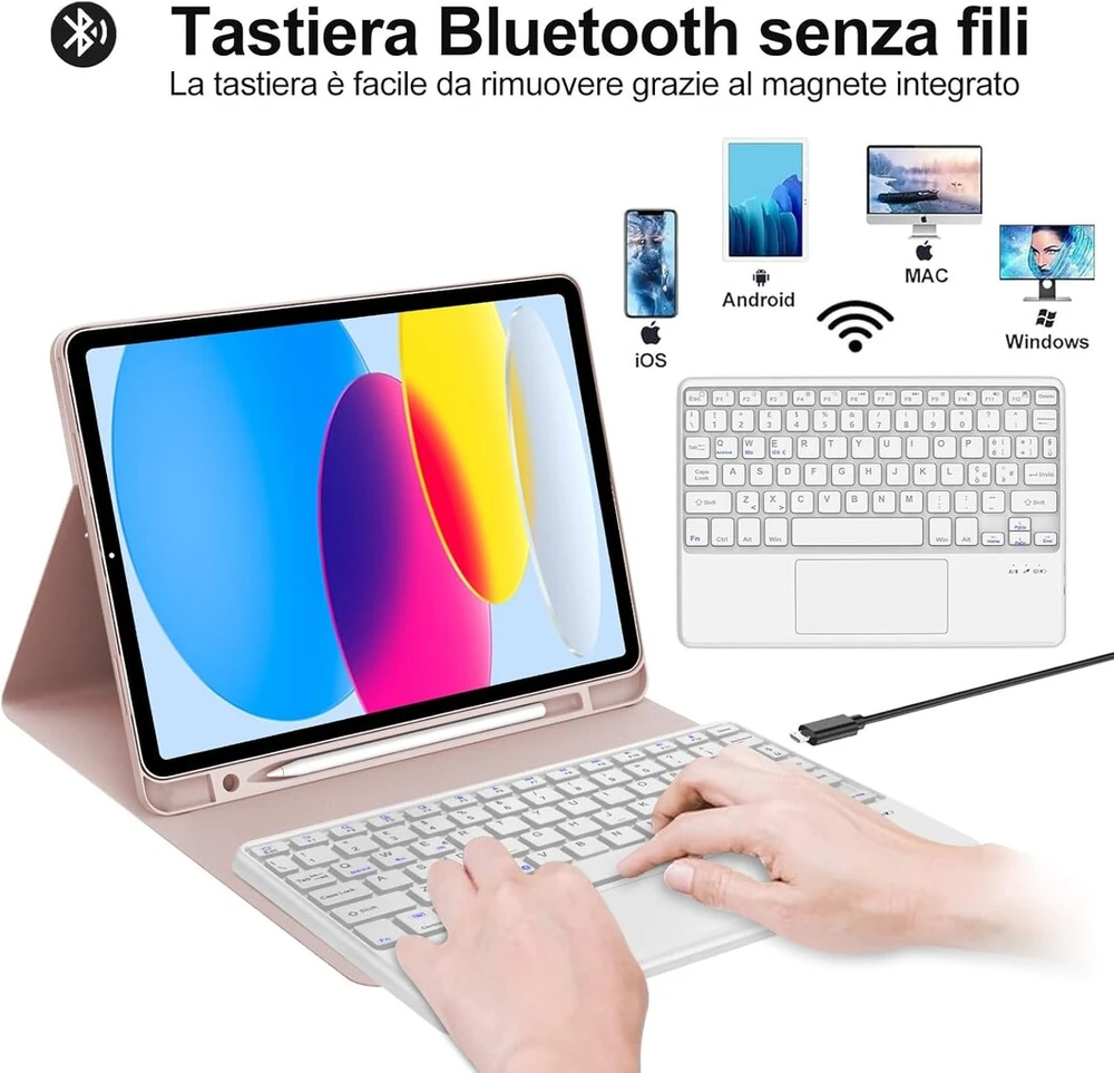 Occtingkind klaviatūra, skirta Ipad 10 kartos 2022, dėklas su klaviatūra, skirtas Ipad 10 10.9 colių, dangtelis su jutikliniu kilimėliu, bluetooth klaviatūra, magnetinis nuimamas qwerty itališkas, skirtas Ipad 10 gen 10.9 colių, rožinis