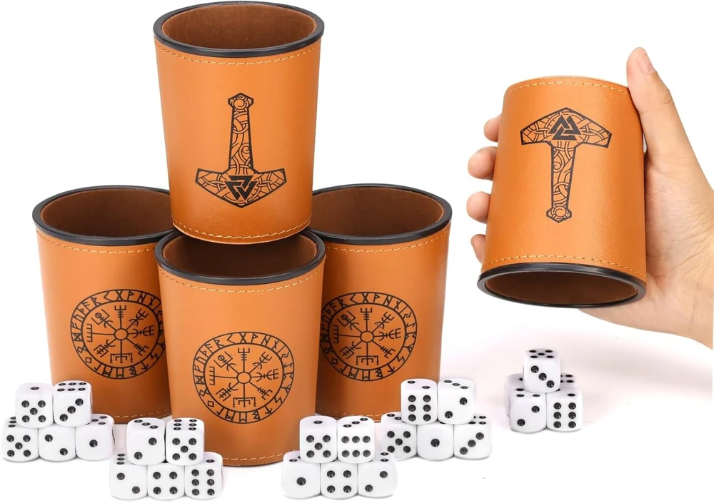 Odinis kauliukų puodelio rinkinys, įskaitant 5 kauliukų puodelius, 25 kauliukų puodelius, odinis vikingų personalizuotas kauliukų puodelis su kauliukais, viduramžių kauliukų puodeliai, pu odos pamušalas, flanelės stalo žaidimai, kauliukų žaidimai (5)