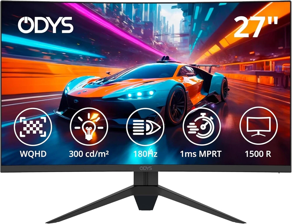 Odys Gaming Monitorius Q27-x - 27 colių (69 cm), lenktas (1500r), 180 Hz, Wqhd (2560 x 1440 px), 1 ms reakcijos laikas (mprt), Hdr, Freesync/g-sync Comp., Eye Care, Hdmi, Dp, 3.5 mm audio