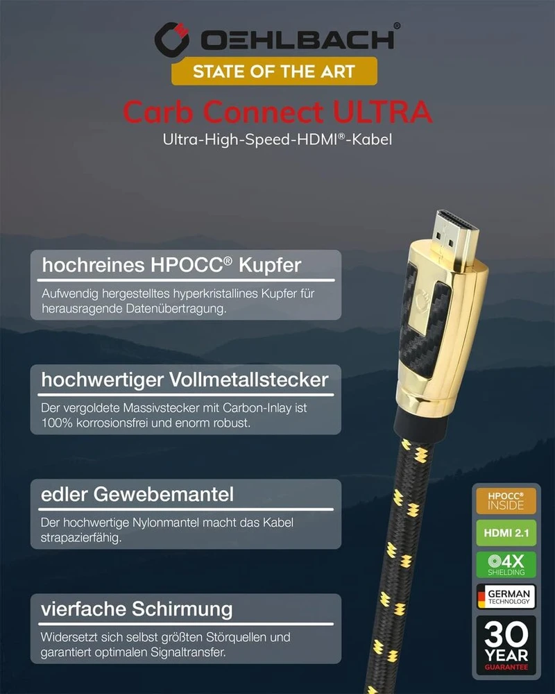 Oehlbach Carb Connect Ultra High Speed Hdmi 2.1 kabelis - 48 Gbps, 8k/60hz, 4k/120hz, monokristalinis Hpocc® varis, 24 karatų auksu dengti kontaktai, 4 krypčių ekranavimas, metalinė jungtis, medžiaginis apvalkalas - 3.2 m