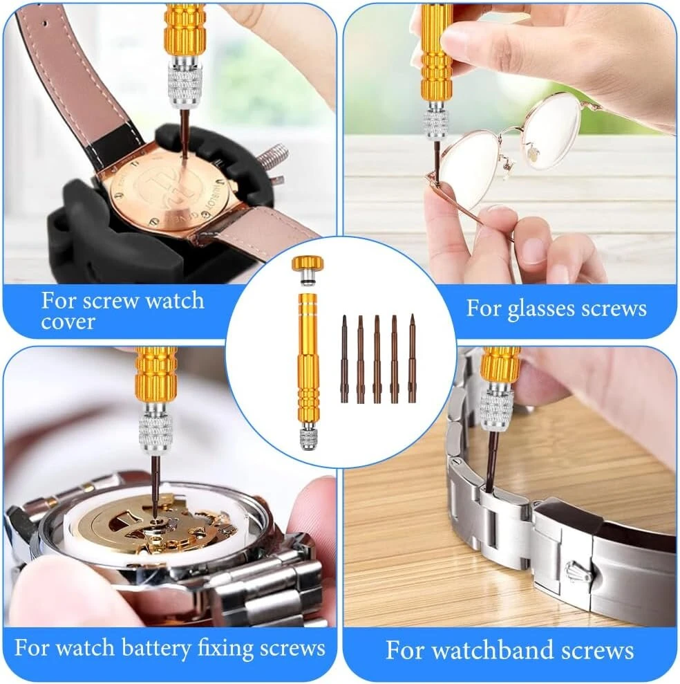 Laikiklis Offcup laikrodininko įrankių rinkinys, skirtas laikrodžių baterijų keitimui, laikrodžių taisymo įrankių rinkinys su laikrodžio dirželio atsuktuvu, kaiščių išėmikliu, skirtas laikrodžio dirželiui, laikrodžių atidarytuvas, spyruoklinis strypo įrankis