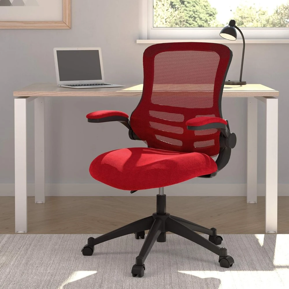 Office hippo medžiaginis operatoriaus biuro krėslas, reguliuojamo aukščio ir pakreipimo ergonominis krėslas su įtempimo valdymu, atlenkiami porankiai, skirtas kasdieniam naudojimui, iki 115 kg apkrova, raudonas