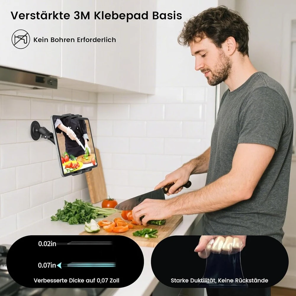 Ohlpro planšetinio kompiuterio sieninis laikiklis, 360° pasukamas laikiklis be gręžimo su 3m lipduku, skirtas 5–13 colių ipad/galaxy tab/ereader/išmaniesiems telefonams, universalus ipad laikiklis sienai, automobilio priekiniam stiklui, stalui, sienai