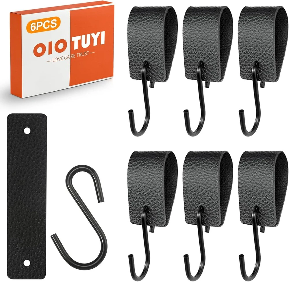 Oiotuyi 6 S formos kabliukų rinkinys juodos spalvos su odine kilpa, 12,5 x 3 cm, kabliukai drabužių kabyklai, kabliukai, paltų kabliukai, universalūs kabliukai virtuvei, vonios kambariui ir stovyklavimui