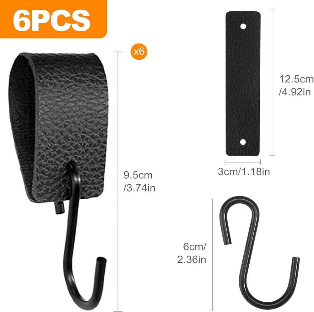 Oiotuyi 6 S formos kabliukų rinkinys juodos spalvos su odine kilpa, 12,5 x 3 cm, kabliukai drabužių kabyklai, kabliukai, paltų kabliukai, universalūs kabliukai virtuvei, vonios kambariui ir stovyklavimui