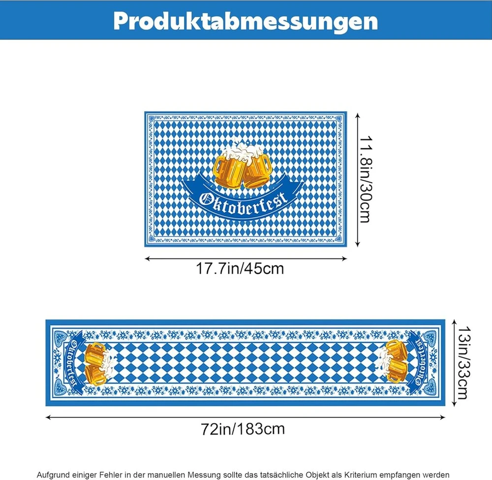 Oktoberfest stalo takelių ir padėkliukų rinkinys, 1 stalo takelis 180 x 30 cm ir 4 padėkliukai 45 x 30 cm, poliesterinis skalbiamas Oktoberfest stalo dekoravimas Oktoberfest vakarėliui, Bavariška dekoracija (mėlynas alus)