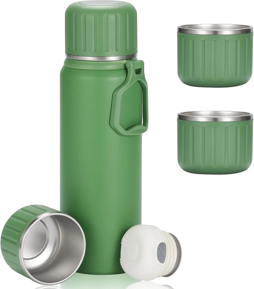 Olerd Termosas, nerūdijančio plieno gertuvė, dovanų rinkinys, 750 ml izoliuotas butelis su 3 puodeliais, nepralaidus vandens butelis kavai, arbatai, išlaiko karštą ir šaltą 6 valandas (žalias)