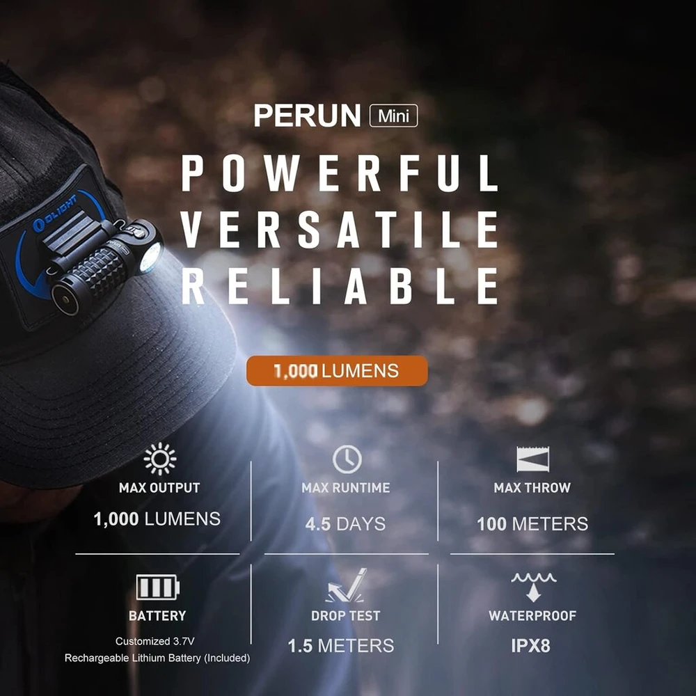 Olight Perun Mini priekinis žibintas 1000 lm, Usb įkraunamas, 100 m spindulio