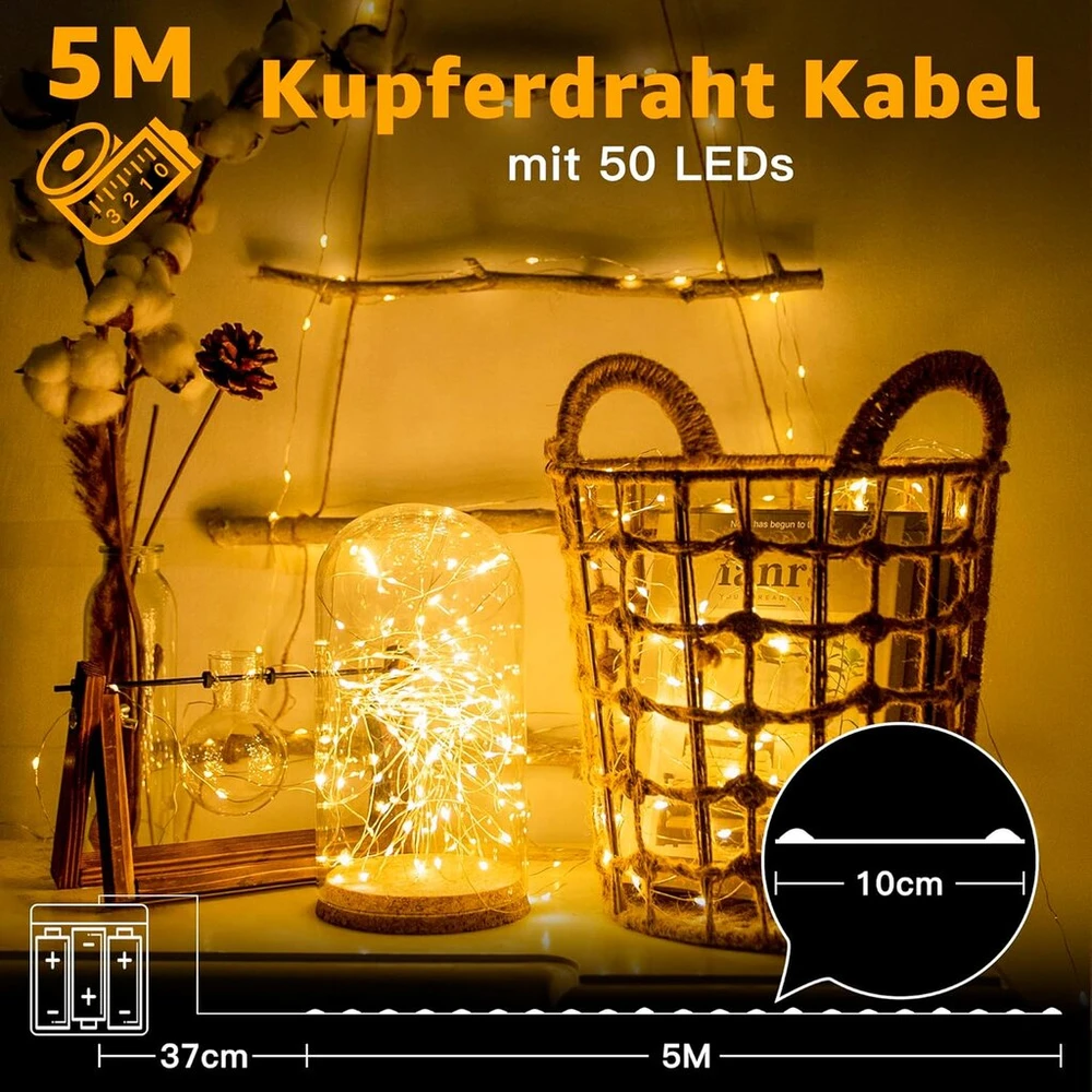 Ollny 5 m led girlianda su baterijomis, 50 led girlianda patalpų varinė viela ip44 vandeniui atspari led girlianda su baterijomis „pasidaryk pats“ miegamojo vakarėlio sodo vestuvių dekoravimui