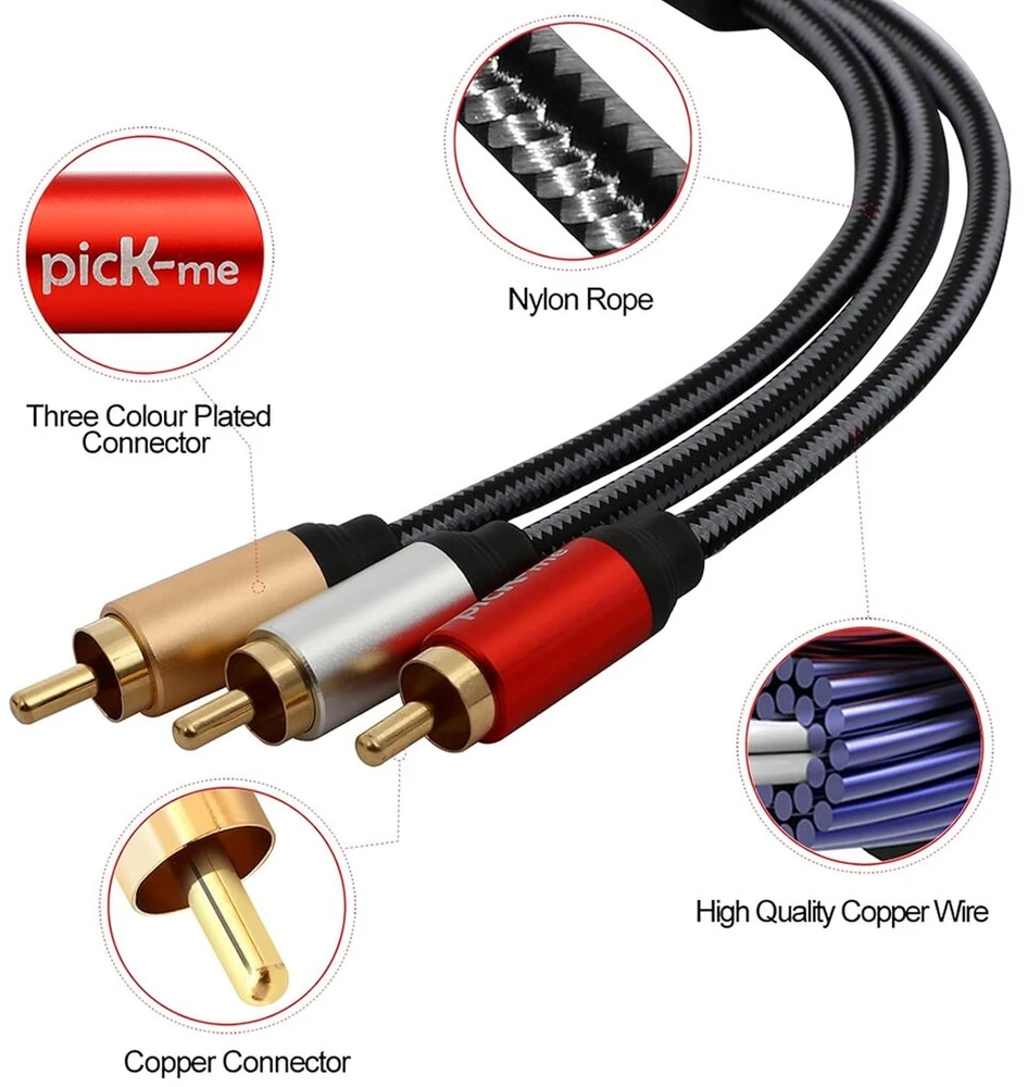 Oluote 3 Rca kištukas į 3 Rca kištuką 24k paauksuotas jungties stereo audio Rca kabelis, skirtas Dvd/vcr/hd-tv ir kt. (5 m)