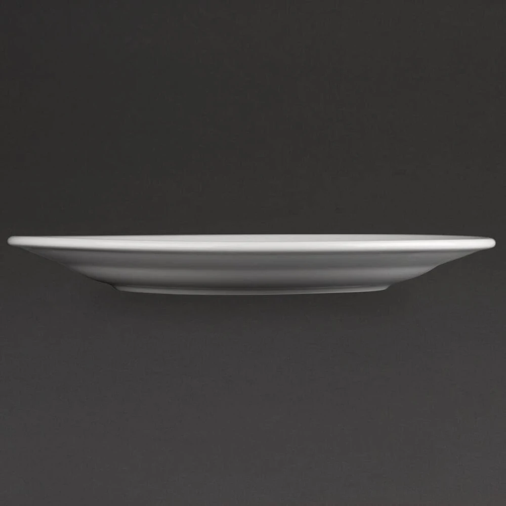 Olympia Athena lėkščių rinkinys su plačiu kraštu, 25 cm, 12 vienetų, baltas, itin blizgus porcelianas, galima plauti indaplovėje ir naudoti mikrobangų krosnelėje, Bs4034 sertifikuotas naudojimui viešbučiuose, Cc209