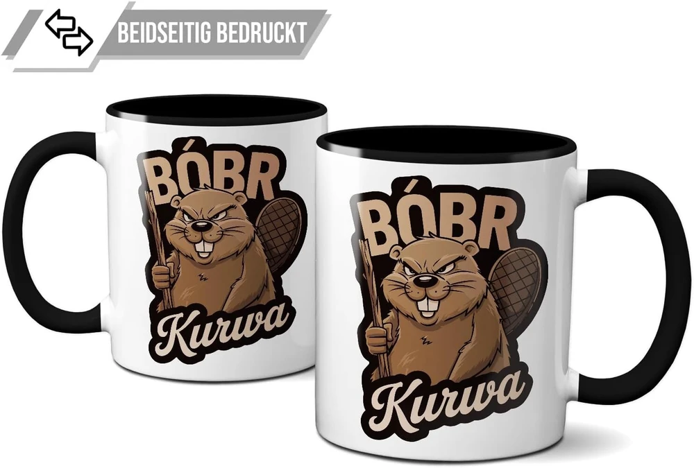 Om3® juokingas kavos puodelis su užrašu - Bobr Kurwa - Viral Meme - Beaver - Beaver - Bober Ii | Keramikinis puodelis | 325 ml | Atspausdintas iš abiejų pusių | Juodas