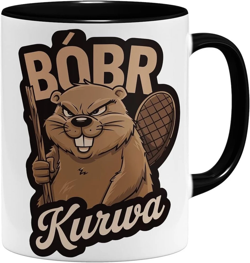 Om3® juokingas kavos puodelis su užrašu - Bobr Kurwa - Viral Meme - Beaver - Beaver - Bober Ii | Keramikinis puodelis | 325 ml | Atspausdintas iš abiejų pusių | Juodas