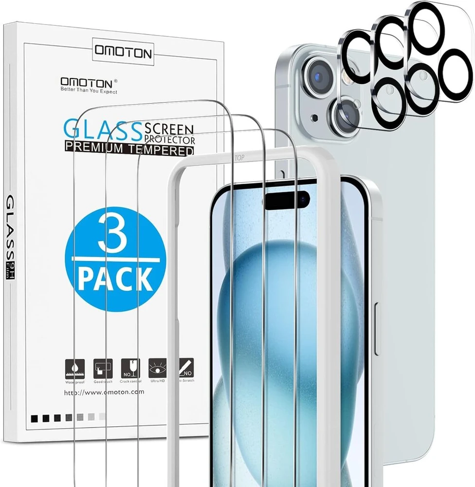 Omoton grūdinto stiklo ekrano apsauga, skirta iphone 15 su rėmeliu, skirtu lengvam montavimui, suderinama su iphone 15 kameros ekrano apsauga, 3 + 3 vnt., atspari įbrėžimams, be burbuliukų, 9h kietumas, hd clear