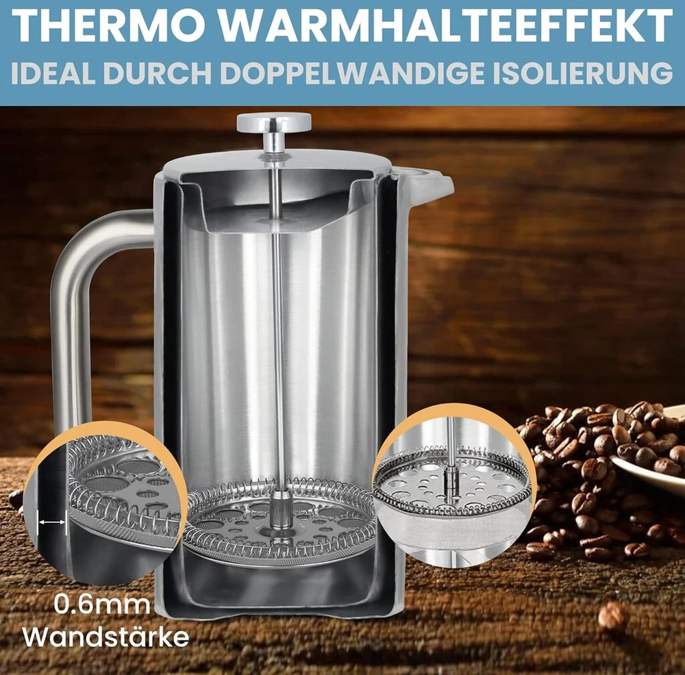 Kavos aparatas One World Coffee® prancūziškas presas ir puodelis, nerūdijančio plieno kavos dovanų rinkinys, skirtas naudoti lauke (nerūdijantis plienas)