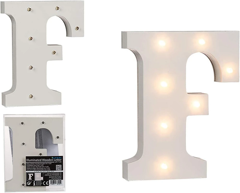 Ootb Apšviesta raidė F su 7 Led, medinė, balta
