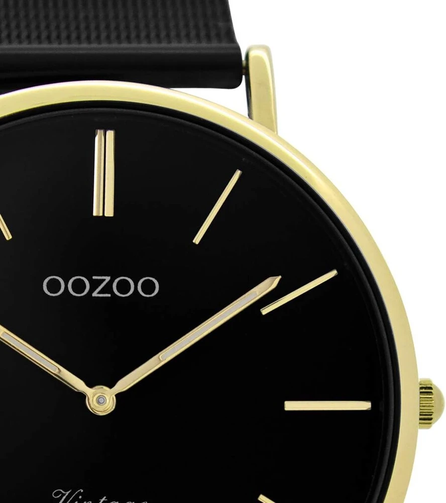 Oozoo Vintage moteriškas laikrodis su nerūdijančio plieno milano apyranke, plonas, 40 mm, juodas/auksinis C9893, C9893 - 40 mm, apyrankė.