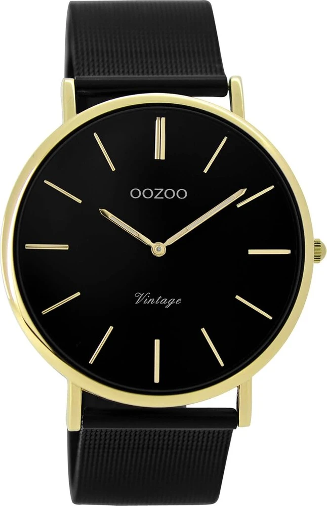 Oozoo Vintage moteriškas laikrodis su nerūdijančio plieno milano apyranke, plonas, 40 mm, juodas/auksinis C9893, C9893 - 40 mm, apyrankė.