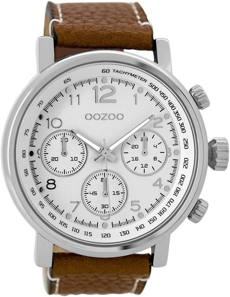 Oozoo vyriškas laikrodis su odiniu dirželiu, 48 mm, baltas/rudas C9455, baltas/rudas - C9455, dirželis