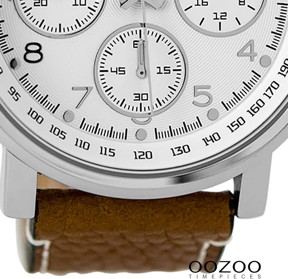Oozoo vyriškas laikrodis su odiniu dirželiu, 48 mm, baltas/rudas C9455, baltas/rudas - C9455, dirželis