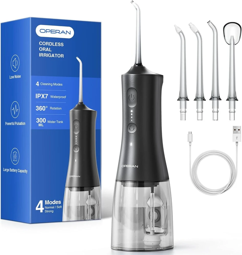 Operan belaidis burnos irigatorius, nešiojamas elektrinis dantų irigatorius, 4 režimai ir 4 antgaliai, 300 ml burnos irigatorius, burnos irigatorius, testo nugalėtojas, pašalina maisto likučius ir valo dantis (juodas, 1 pakuotė)