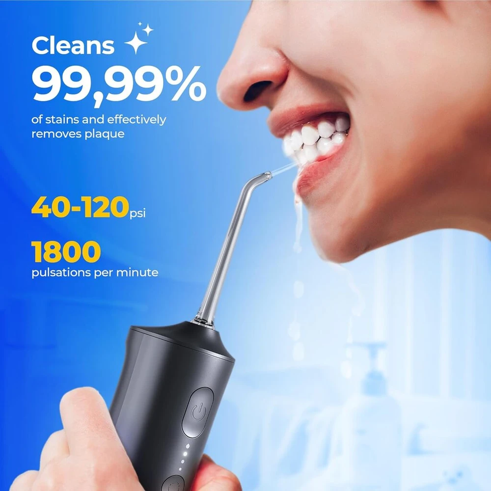 Operan belaidis burnos irigatorius, nešiojamas elektrinis dantų irigatorius, 4 režimai ir 4 antgaliai, 300 ml burnos irigatorius, burnos irigatorius, testo nugalėtojas, pašalina maisto likučius ir valo dantis (juodas, 1 pakuotė)