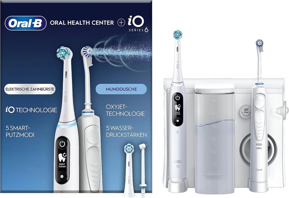 Oral-b Oral Health Center burnos irigatorius su Oxyjet technologija dantų valymui, 2 keičiami antgaliai ir Io Series 6 elektrinis dantų šepetėlis, 2 keičiami šepetėliai, 5 režimai dantų priežiūrai, baltas