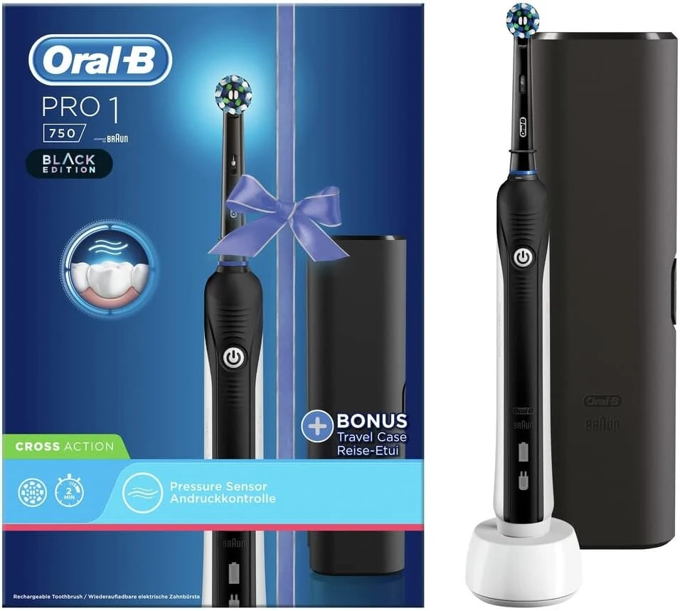 Oral-b Pro 1 750 Juodas Edition elektrinis dantų šepetėlis kruopščiam dantų valymui, 1 valymo programa, spaudimo jutiklis, laikmatis ir kelioninis dėklas, 1 Crossaction šepetėlio galvutė, juodas
