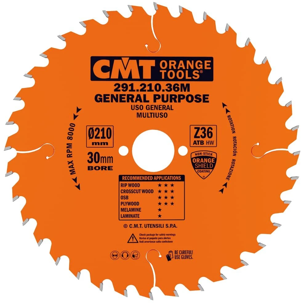 Orange Cmt Oranžinis Tools 291.210.36m diskinis pjūklo diskas Hw 210 x 2.8 / 1.8 x 30 dantų = 36 15° Atb - išilginiams ir skersiniams pjūviams