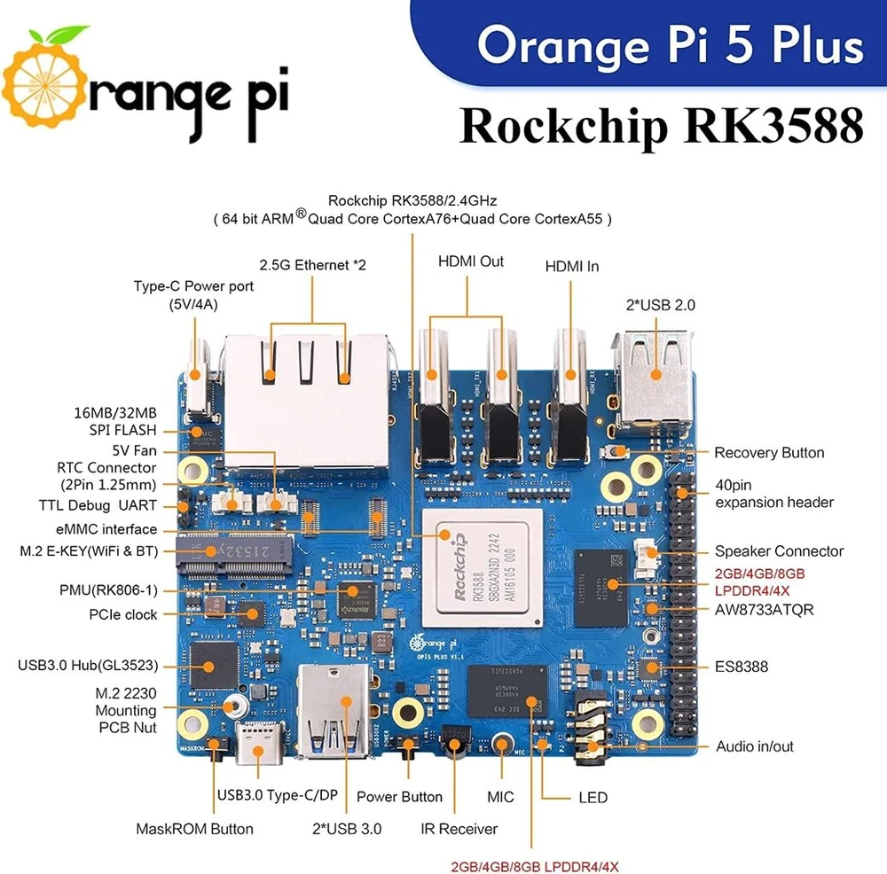 Orange Geeekpi Oranžinis Pi 5 Plus 16gb Lpddr4/4x Rockchip Rk3588 8 branduolių 64 bitų vienos plokštės kompiuteris su emmc lizdu, Opi 5 Plus metalinis korpusas su ventiliatoriumi, oficialus Oranžinis Pi 5v 4a maitinimo šaltinis, skirtas Oranžinis Pi 5 Plus